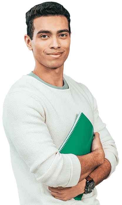 male college student looking forward hodling a book